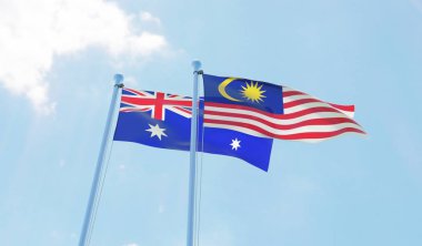 Malezya ve Avustralya, iki bayrak sallayarak karşı mavi gökyüzü. 3D görüntü