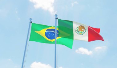 Meksika ve Brezilya, iki bayrak sallayarak karşı mavi gökyüzü. 3D görüntü
