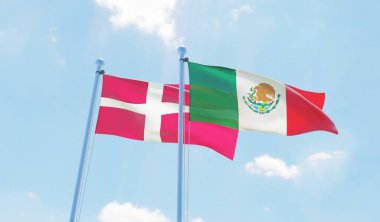 Meksika ve Danimarka, iki bayrak sallayarak karşı mavi gökyüzü. 3D görüntü