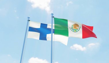 Meksika ve Finlandiya, iki bayrak sallayarak karşı mavi gökyüzü. 3D görüntü