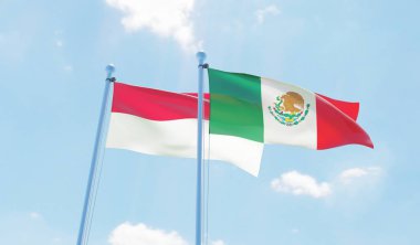 Meksika ve Endonezya, iki bayrak sallayarak karşı mavi gökyüzü. 3D görüntü