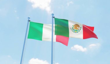 Meksika ve İtalya, iki bayrak sallayarak karşı mavi gökyüzü. 3D görüntü