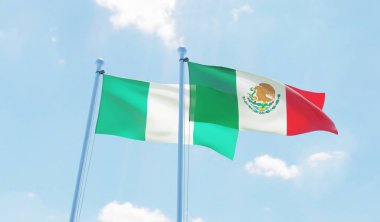 Meksika ve Türkiye, iki bayrak sallayarak karşı mavi gökyüzü. 3D görüntü