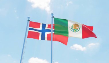 Meksika ve Norveç, iki bayrak sallayarak karşı mavi gökyüzü. 3D görüntü
