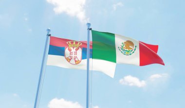 Meksika ve Sırbistan, iki bayrak sallayarak karşı mavi gökyüzü. 3D görüntü