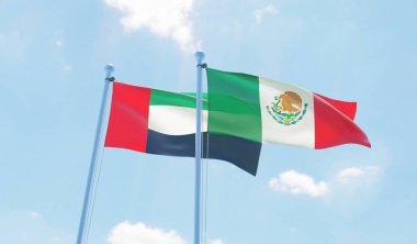 Meksika ve Birleşik Arap Emirlikleri, iki bayrak sallayarak karşı mavi gökyüzü. 3D görüntü