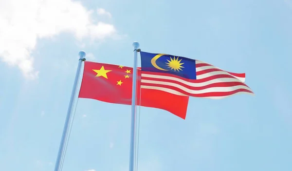Malezji Chin Dwie Flagi Macha Przeciw Błękitne Niebo Obraz — Zdjęcie stockowe