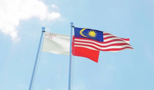 Malezja Malta Dwie Flagi Macha Przeciw Błękitne Niebo Obraz — Zdjęcie stockowe