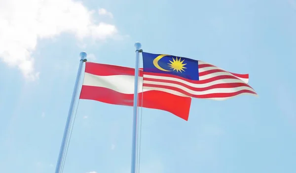 Malezja Austria Dwie Flagi Macha Przeciw Błękitne Niebo Obraz — Zdjęcie stockowe