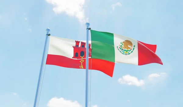 Meksika Cebelitarık Iki Bayrak Sallayarak Karşı Mavi Gökyüzü Görüntü — Stok fotoğraf