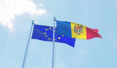Moldova ve Avrupa Birliği, iki bayrak sallayarak karşı mavi gökyüzü. 3D görüntü
