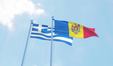 Moldova ve Yunanistan, iki bayrak sallayarak karşı mavi gökyüzü. 3D görüntü
