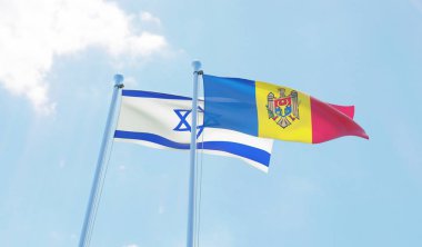 Moldova ve İsrail, iki bayrak sallayarak karşı mavi gökyüzü. 3D görüntü