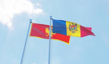 Moldova ve Karadağ, iki bayrak sallayarak karşı mavi gökyüzü. 3D görüntü