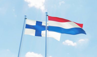 Hollanda ve Finlandiya'da, iki bayrak sallayarak karşı mavi gökyüzü. 3D görüntü