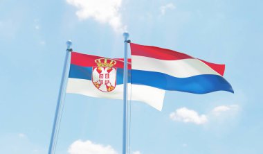 Hollanda ve Sırbistan, iki bayrak sallayarak karşı mavi gökyüzü. 3D görüntü