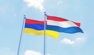 Hollanda ve Ermenistan, iki bayrak sallayarak karşı mavi gökyüzü. 3D görüntü