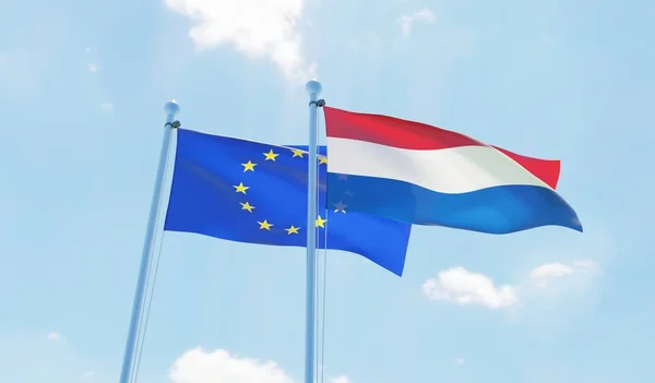 Países Baixos União Europeia Duas Bandeiras Acenando Contra Céu Azul — Fotografia de Stock