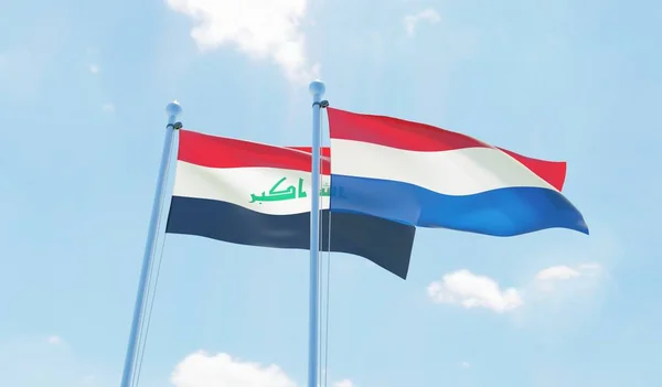 Países Baixos Iraque Duas Bandeiras Acenando Contra Céu Azul Imagem — Fotografia de Stock