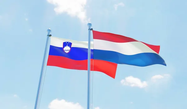 Нидерланды Словения Два Флага Размахивающих Голубым Небом Изображение — стоковое фото