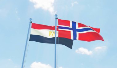 Norveç ve Mısır, iki bayrak sallayarak karşı mavi gökyüzü. 3D görüntü