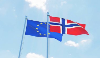 Norveç ve Avrupa Birliği, iki bayrak sallayarak karşı mavi gökyüzü. 3D görüntü