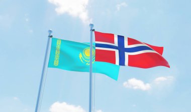 Norveç ve Kazakistan, iki bayrak sallayarak karşı mavi gökyüzü. 3D görüntü