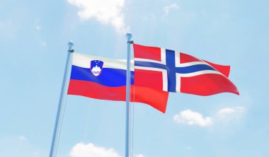 Norveç ve Slovenya, iki bayrak sallayarak karşı mavi gökyüzü. 3D görüntü