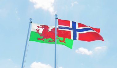 Norveç ve Galler, iki bayrak sallayarak karşı mavi gökyüzü. 3D görüntü