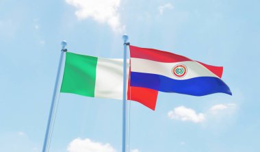 Paraguay ve İtalya, iki bayrak sallayarak karşı mavi gökyüzü. 3D görüntü