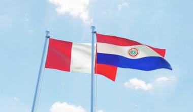 Paraguay ve Peru, iki bayrak sallayarak karşı mavi gökyüzü. 3D görüntü