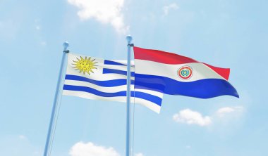 Paraguay ve Uruguay, iki bayrak sallayarak karşı mavi gökyüzü. 3D görüntü