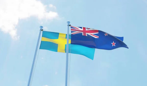 新西兰和瑞典两旗飘扬在蓝天上 — 图库照片