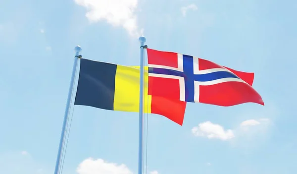 Norway Belgium Two Flags Waving Blue Sky Image — Stock Photo, Image