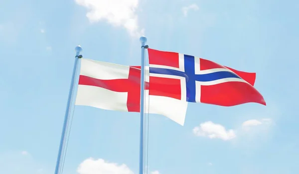 Norway England Two Flags Waving Blue Sky Image — Stock Photo, Image