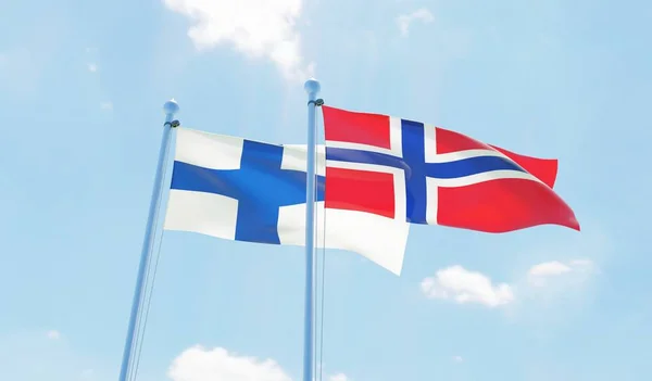 Norwegia Finlandia Dwie Flagi Macha Przeciw Błękitne Niebo Obraz — Zdjęcie stockowe
