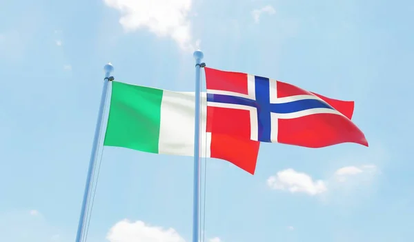 Norway and Italy, two flags waving against blue sky. 3d image