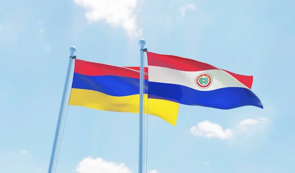 Paraguay Arménie Dva Vlají Proti Modré Obloze Obrázek — Stock fotografie