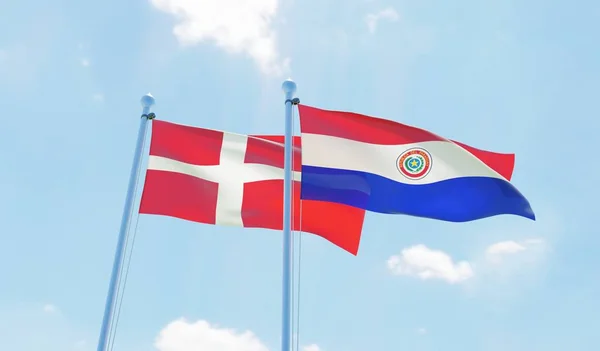 Парагвай Дания Два Флага Размахивающих Голубым Небом Изображение — стоковое фото