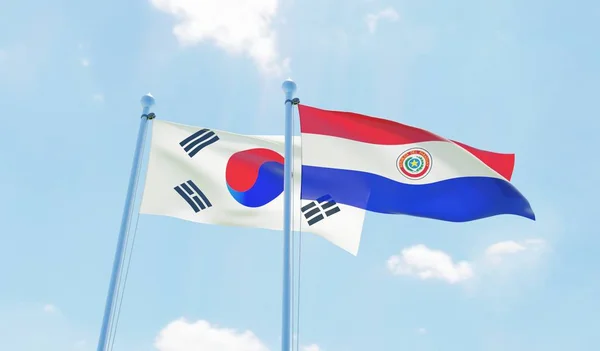 Парагвай Южная Корея Два Флага Размахивающих Голубым Небом Изображение — стоковое фото