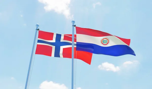 Paragwaj Norwegia Dwie Flagi Macha Przeciw Błękitne Niebo Obraz — Zdjęcie stockowe