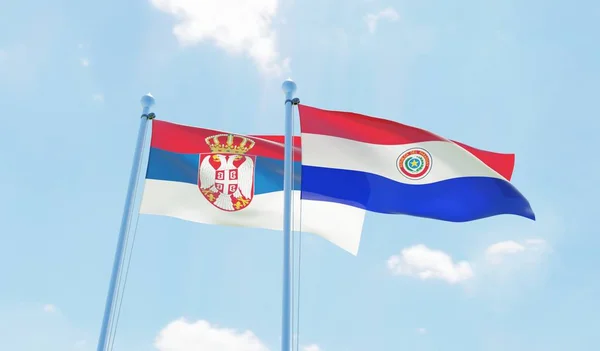 Paraguay Srbsko Dva Vlají Proti Modré Obloze Obrázek — Stock fotografie