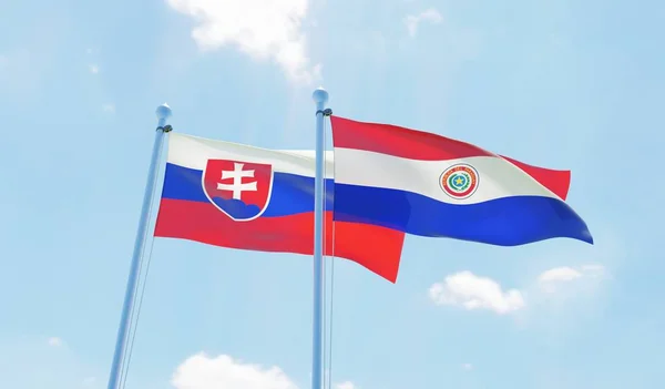 Paraguai Eslováquia Duas Bandeiras Acenando Contra Céu Azul Imagem — Fotografia de Stock