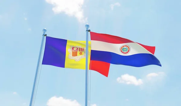 Paraguay Och Andorra Två Flaggor Vajande Mot Blå Himmel Bild — Stockfoto