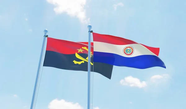Paraguay Angola Due Bandiere Che Sventolano Contro Cielo Blu Immagine — Foto Stock