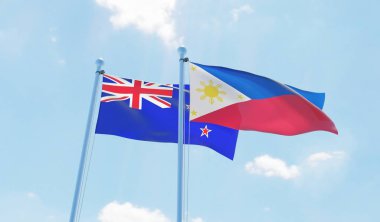 Türkiye ve Yeni Zelanda, iki bayrak sallayarak karşı mavi gökyüzü. 3D görüntü