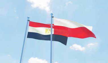 Polonya ve Mısır, iki bayrak sallayarak karşı mavi gökyüzü. 3D görüntü