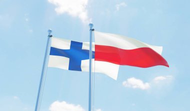 Polonya ve Finlandiya, iki bayrak sallayarak karşı mavi gökyüzü. 3D görüntü