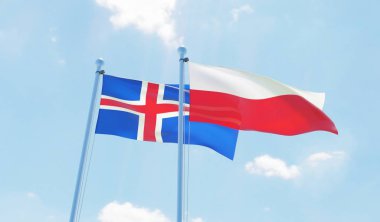 Polonya ve İzlanda, iki bayrak sallayarak karşı mavi gökyüzü. 3D görüntü