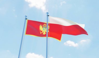 Polonya ve Karadağ, iki bayrak sallayarak karşı mavi gökyüzü. 3D görüntü